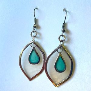 Handmade fair trade capiz and aqua earrings with silver accent